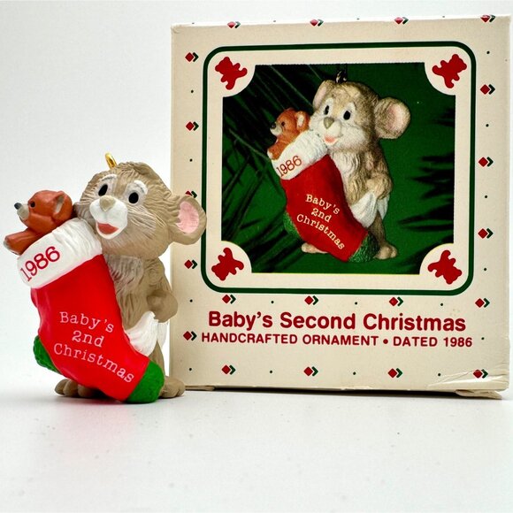 Vintage 1986 Hallmark Keepsake Ornament Babys 2nd Christmas Mouse & Red Stocking - Picture 1 of 9